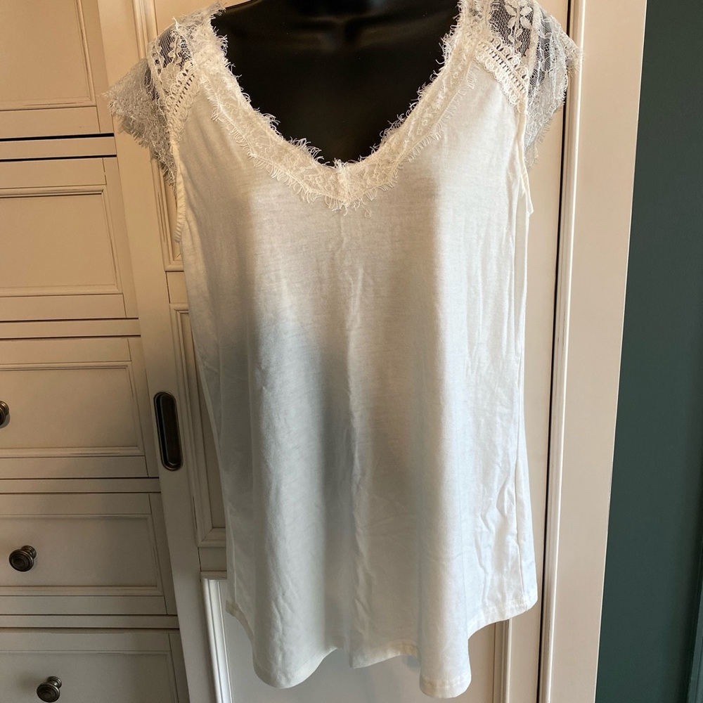 White Lace Trim V-Neck Top